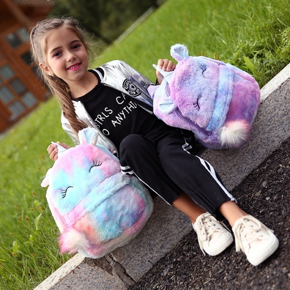 NWT UNBRANDED Tie Dye Unicorn Fur Backpack Bag - Picture 9 of 12